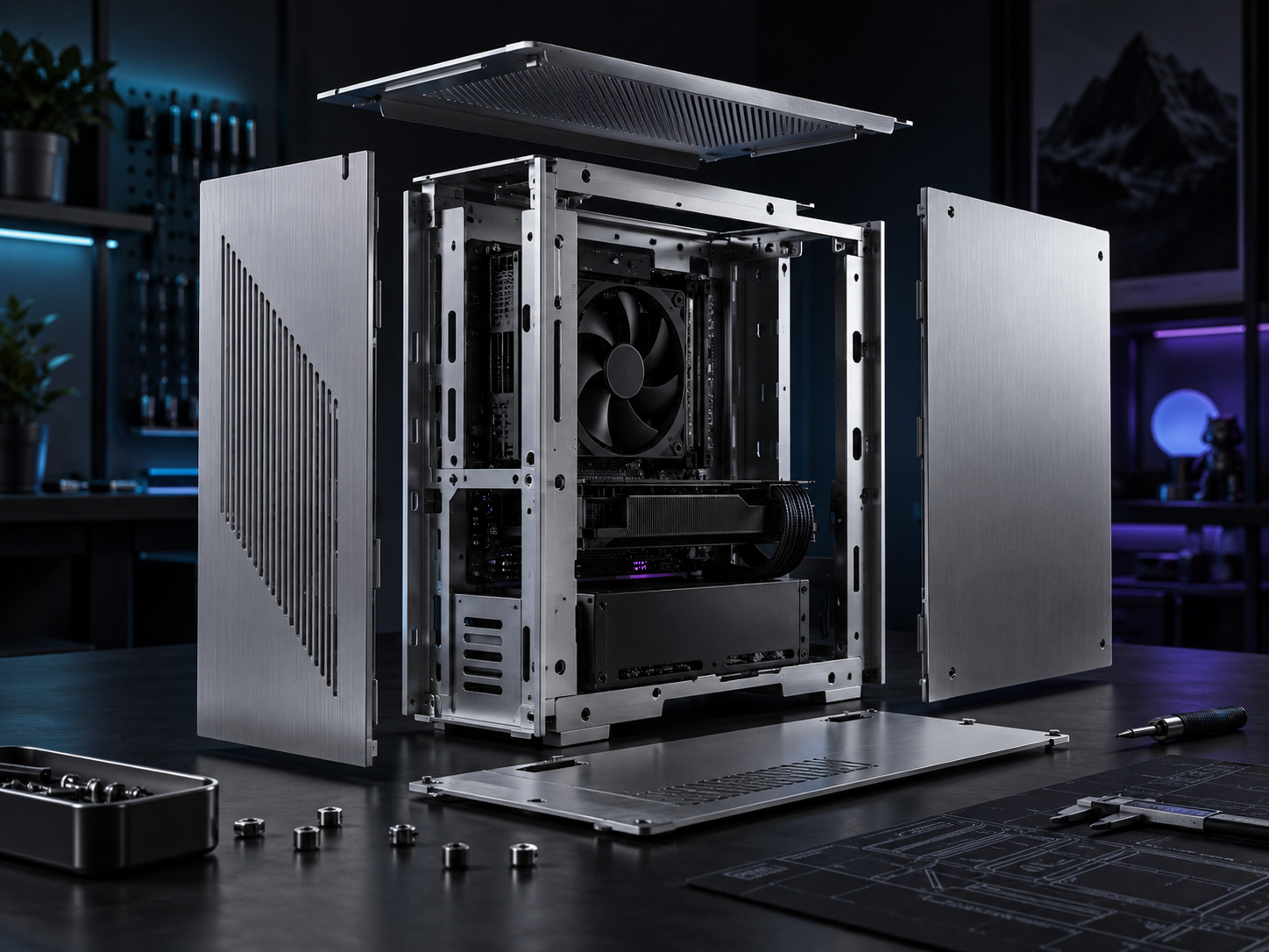 Boîtier PC en aluminium présenté sur un établi en vue éclatée