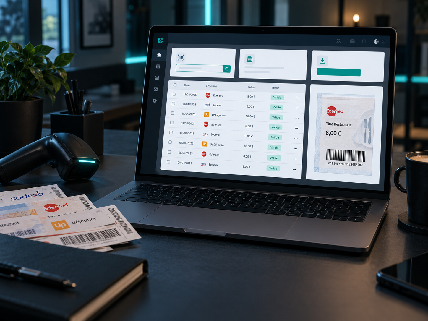 Interface de gestion de titres restaurant sur ordinateur